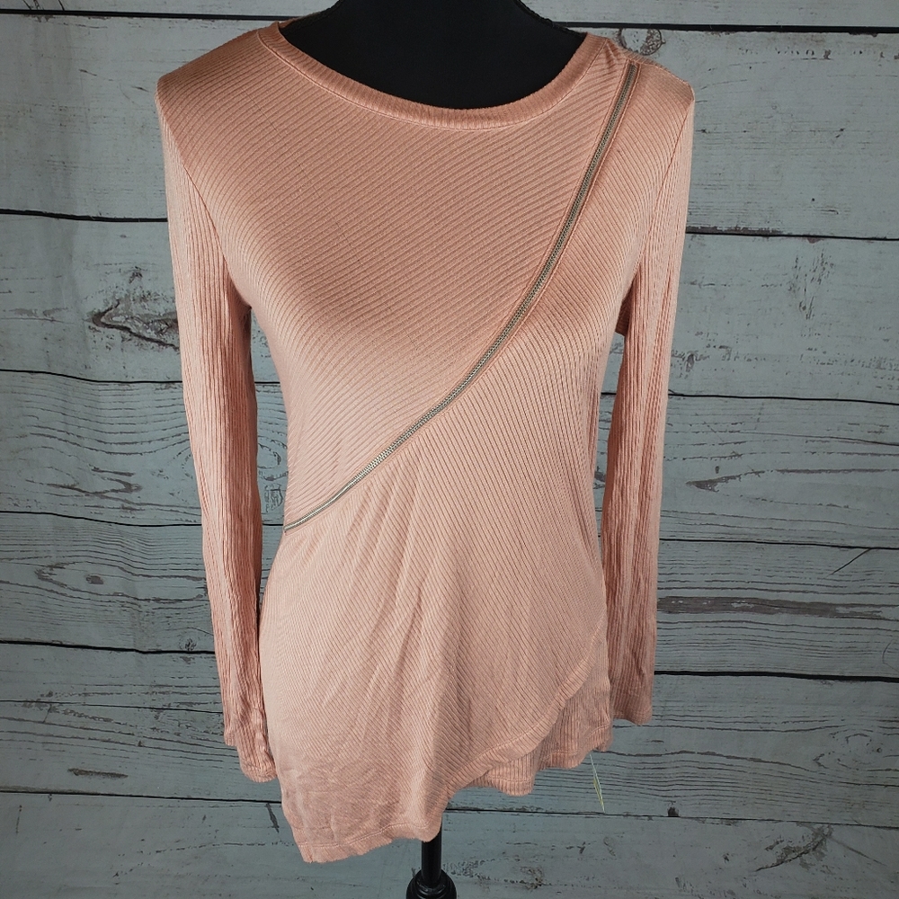 Blush Pink Tee Zipper Long Sleeve Crew Tunic Top